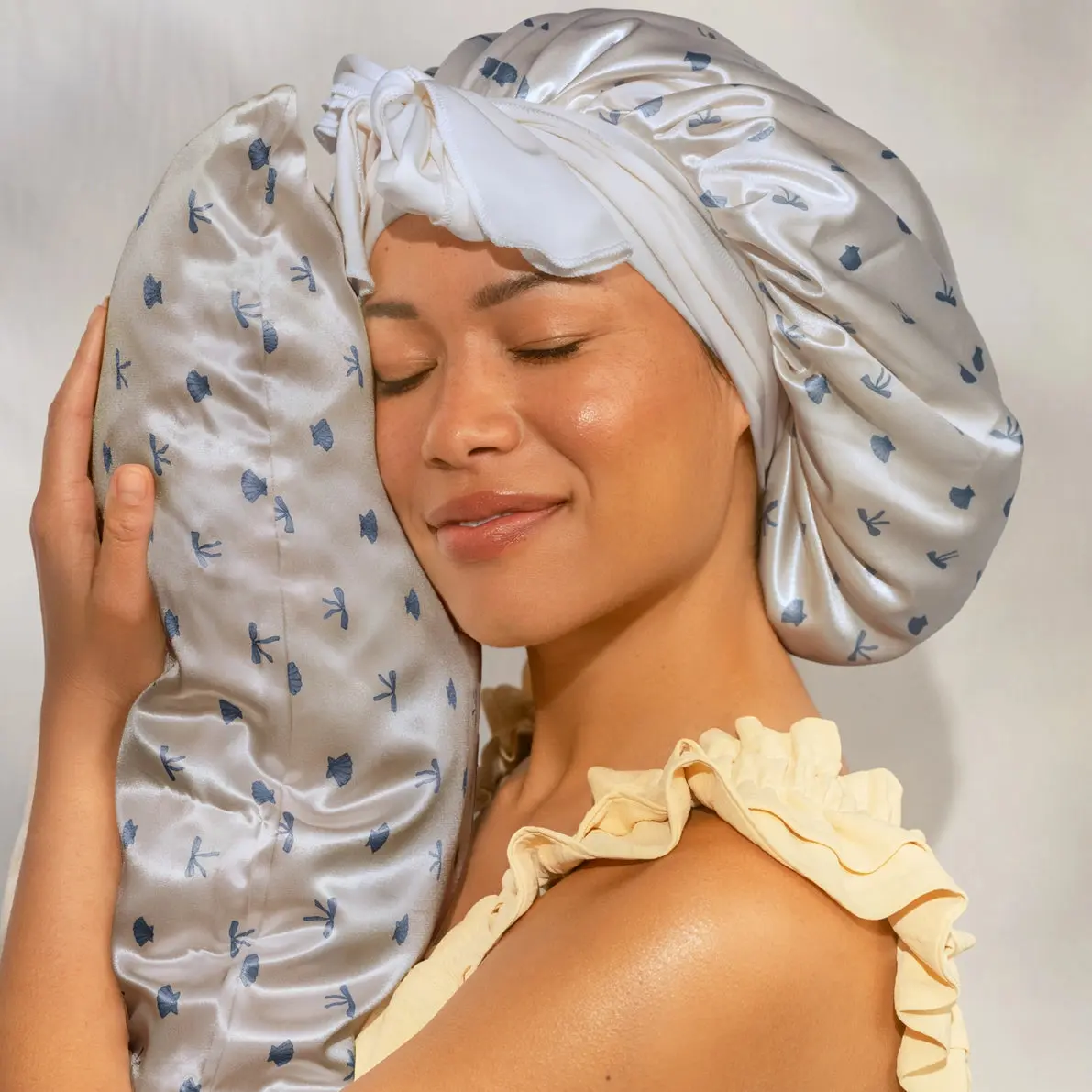 Oversized Satin Bonnet Pearlized Cream & Coastal Blue - Image 2