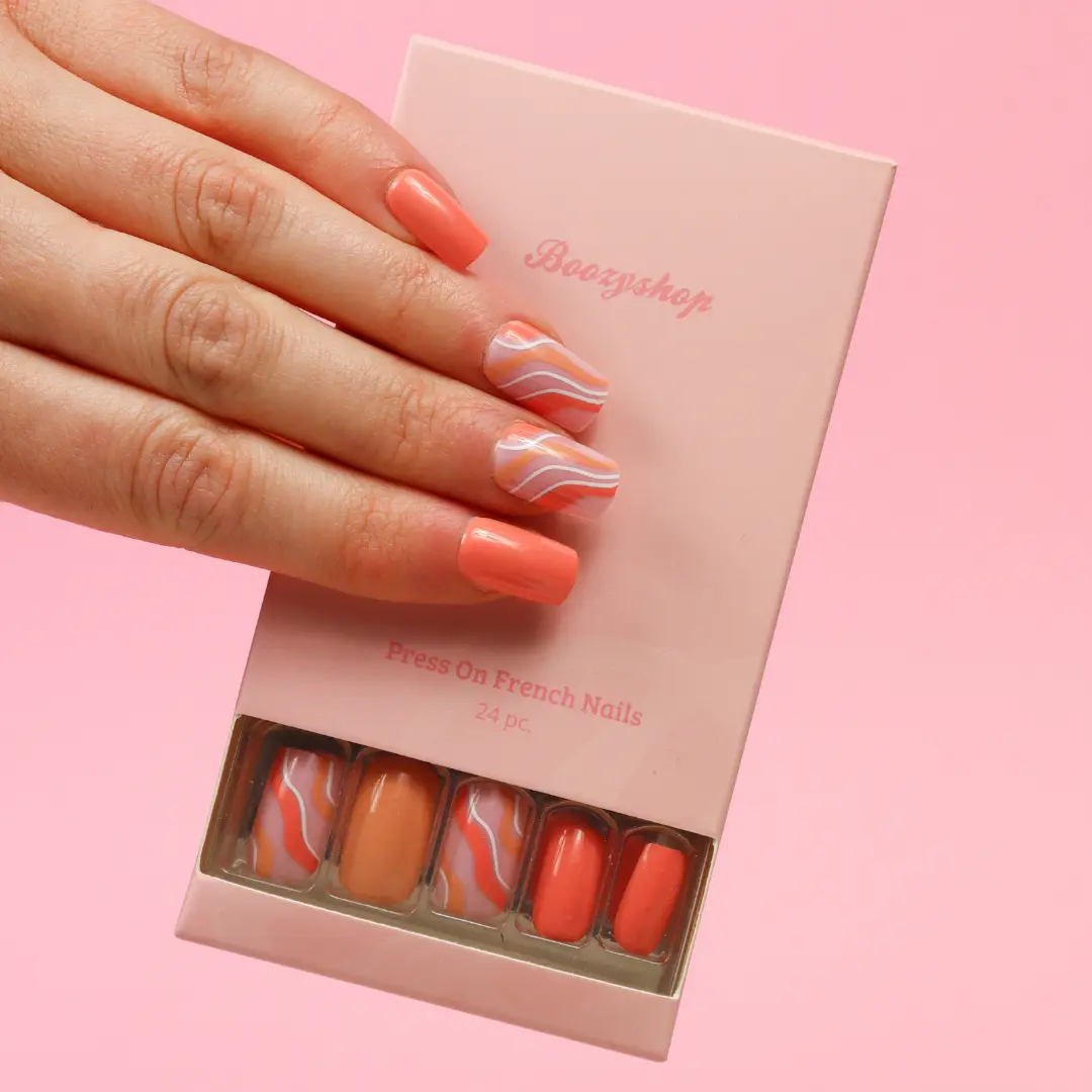 Press On French Nails Orange Waves - Image 3